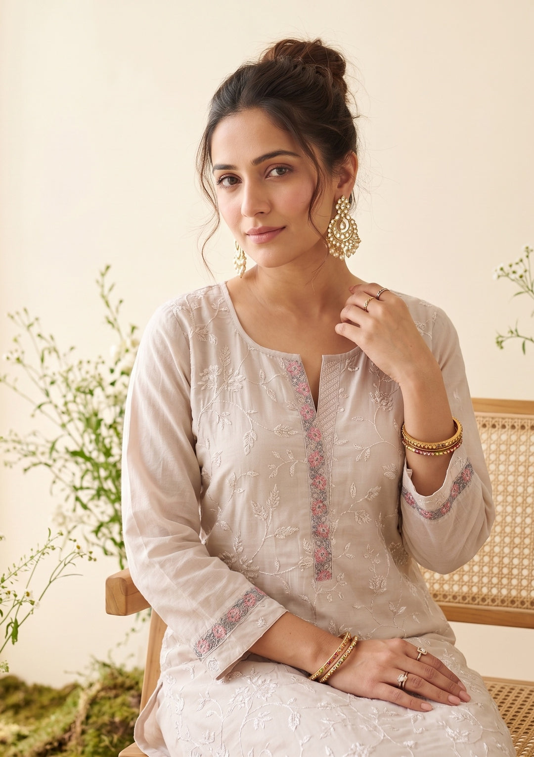 Beige Chanderi Cording Straight Kurta With Regular Pant And Dupatta