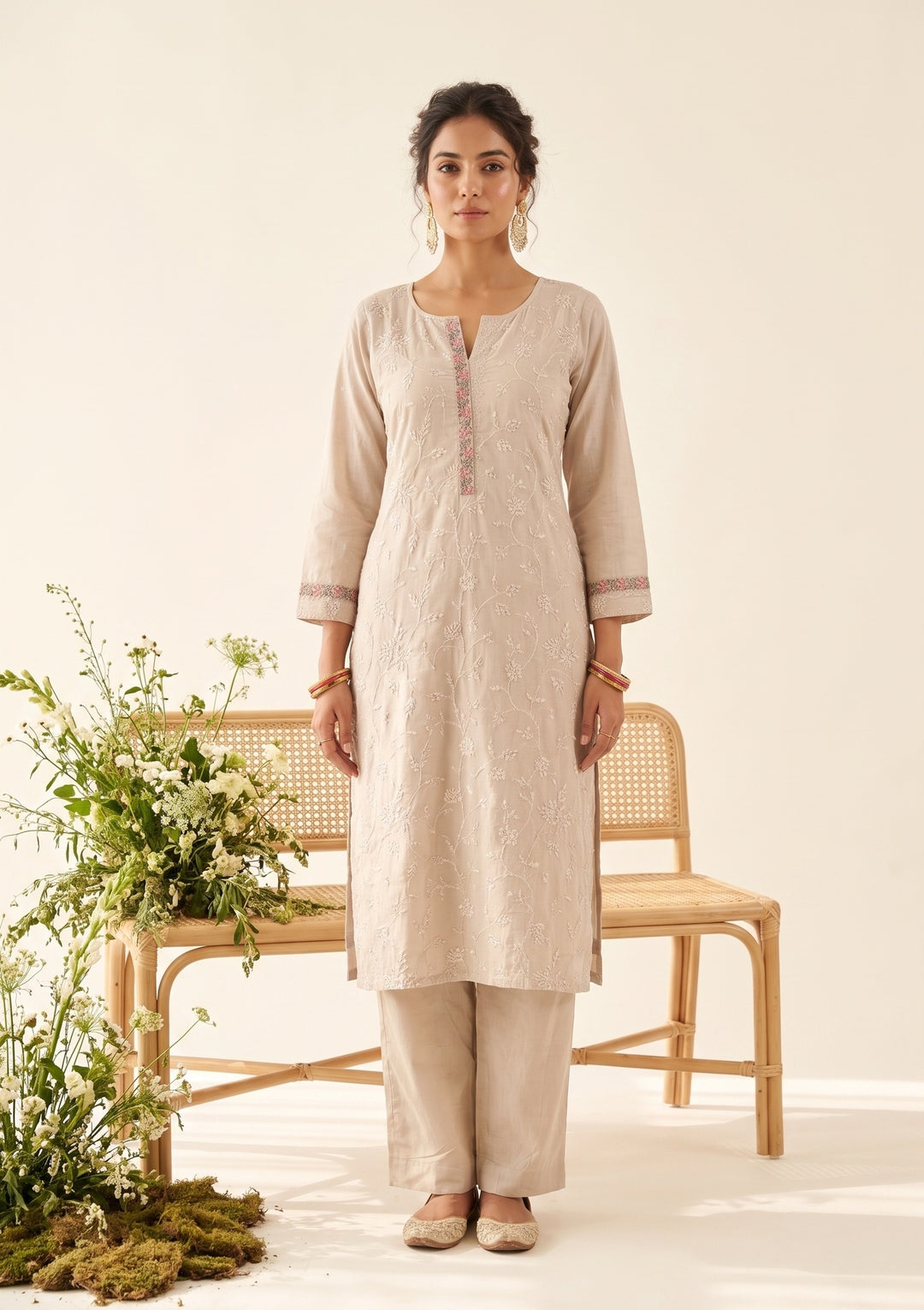 Beige Chanderi Cording Straight Kurta With Regular Pant And Dupatta