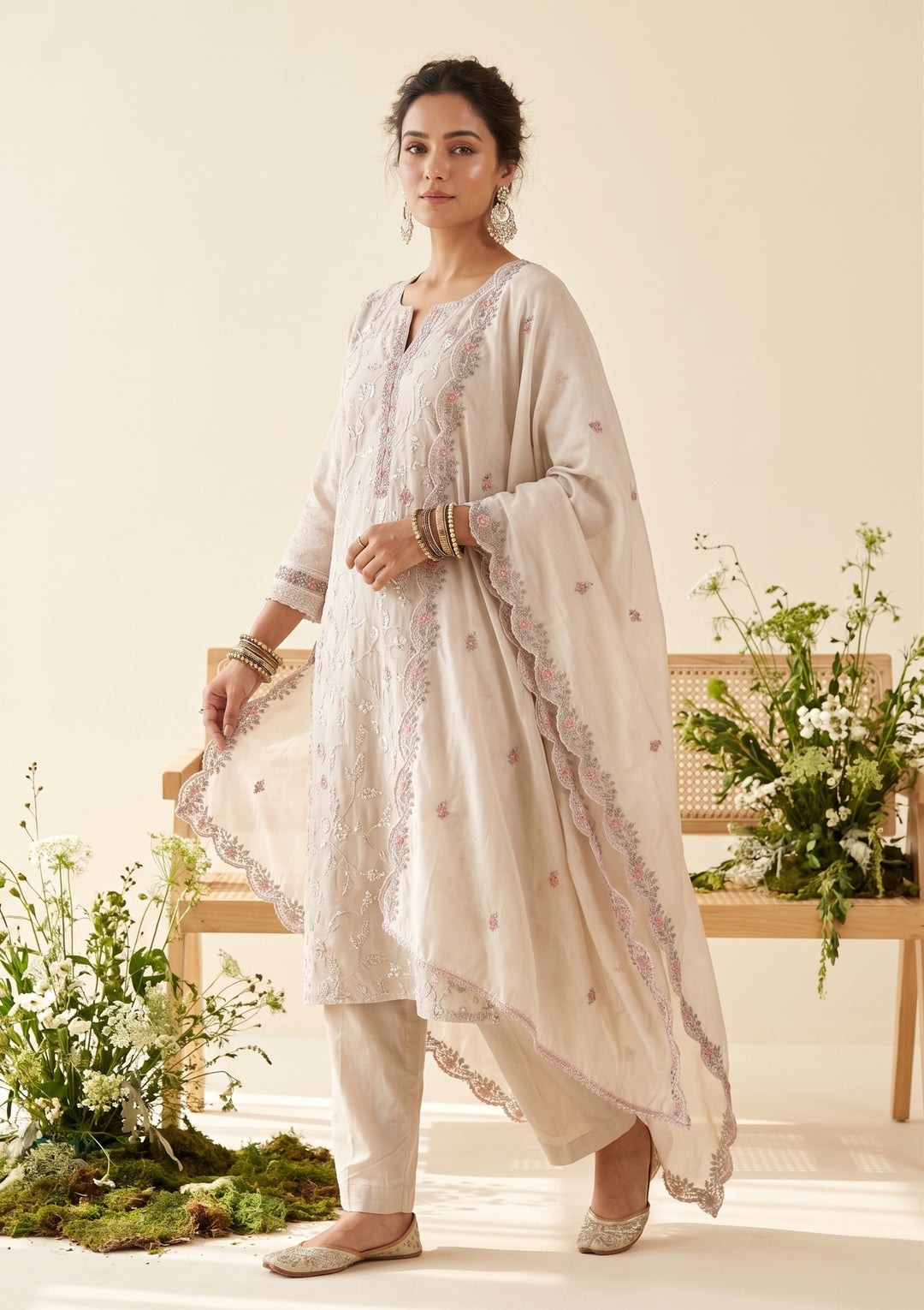 Beige Chanderi Cording Straight Kurta With Regular Pant And Dupatta