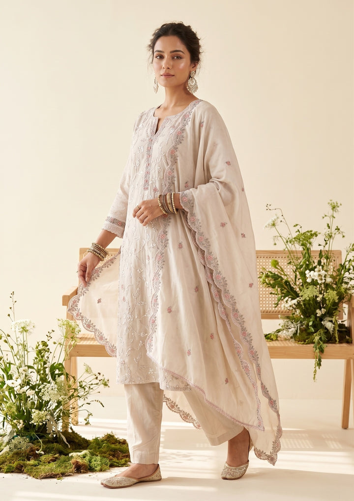 Beige Chanderi Cording Straight Kurta With Regular Pant And Dupatta