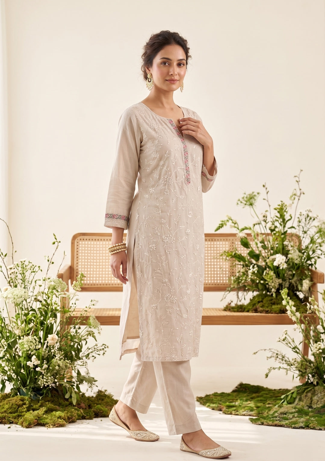 Beige Chanderi Cording Straight Kurta With Regular Pant And Dupatta