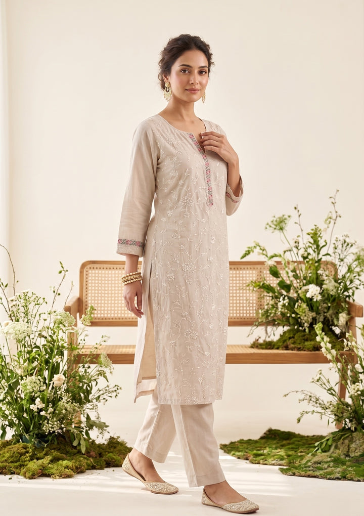 Beige Chanderi Cording Straight Kurta With Regular Pant And Dupatta