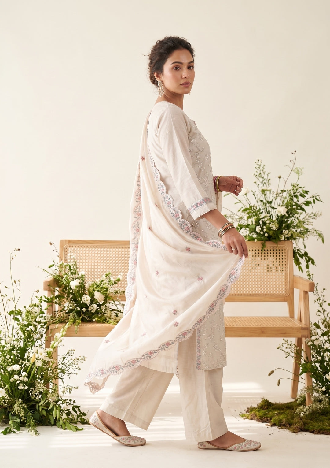 Beige Chanderi Cording Straight Kurta With Regular Pant And Dupatta