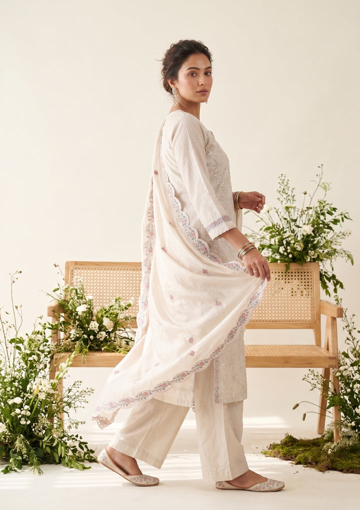 Beige Chanderi Cording Straight Kurta With Regular Pant And Dupatta