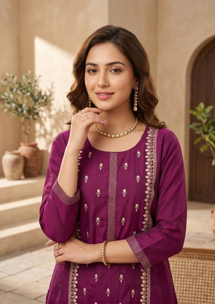 Wine Art Silk Threadwork A Line Kurta With Pant Regular And Dupatta
