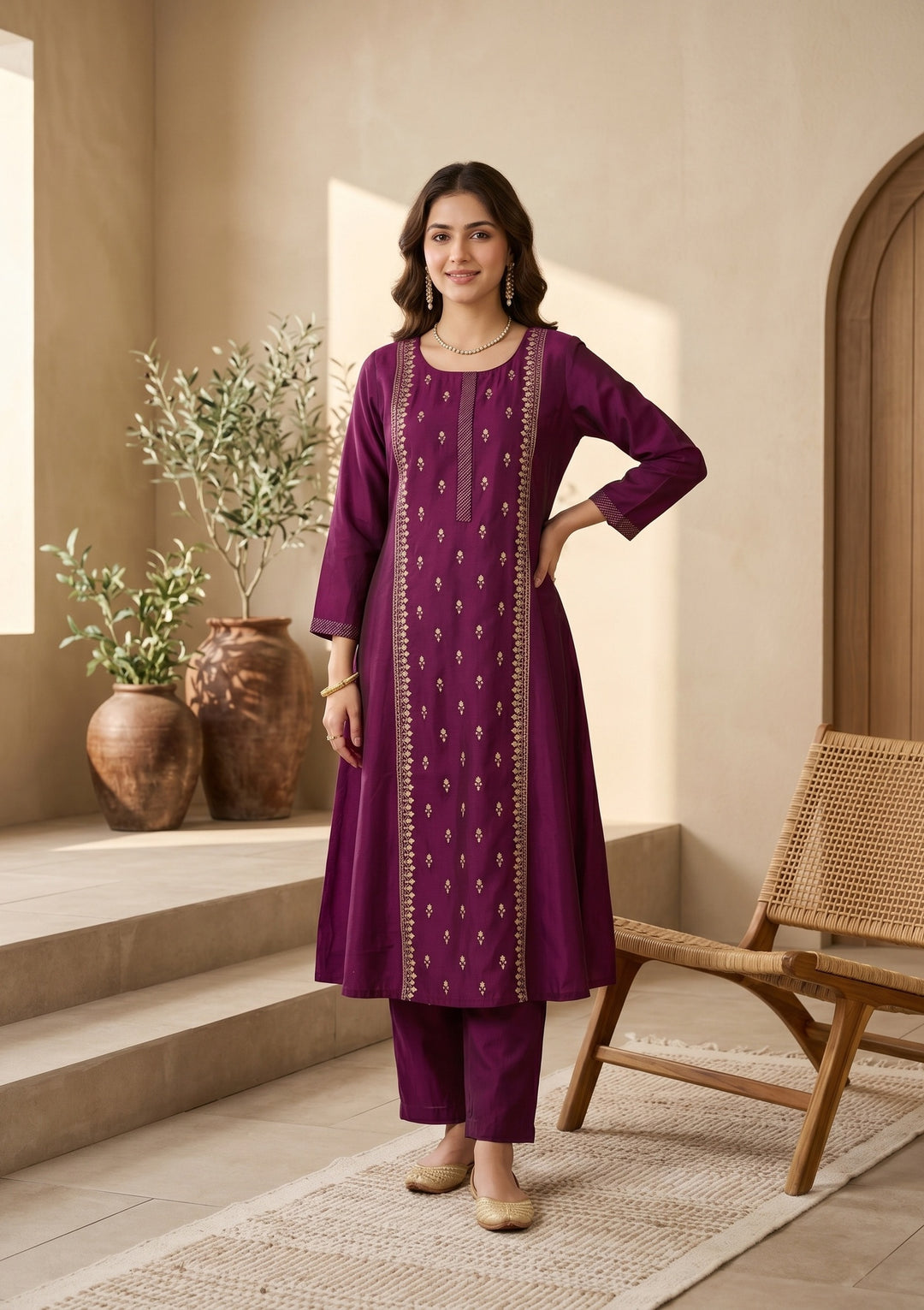 Wine Art Silk Threadwork A Line Kurta With Pant Regular And Dupatta