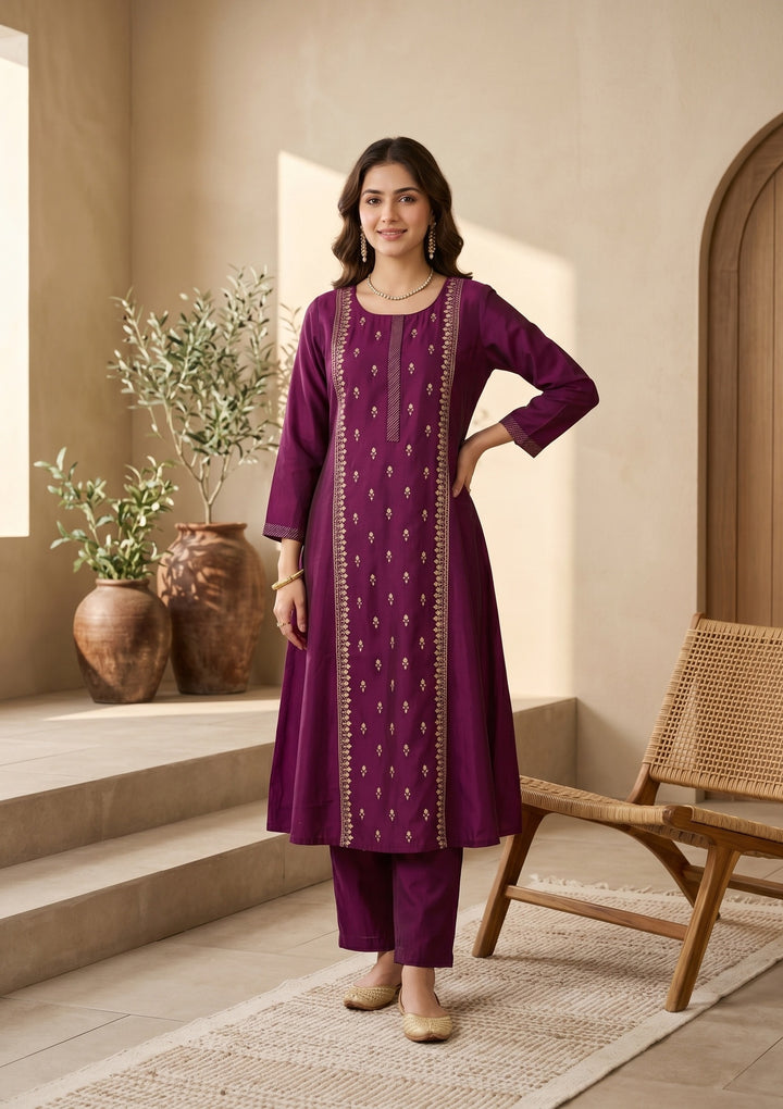 Wine Art Silk Threadwork A Line Kurta With Pant Regular And Dupatta