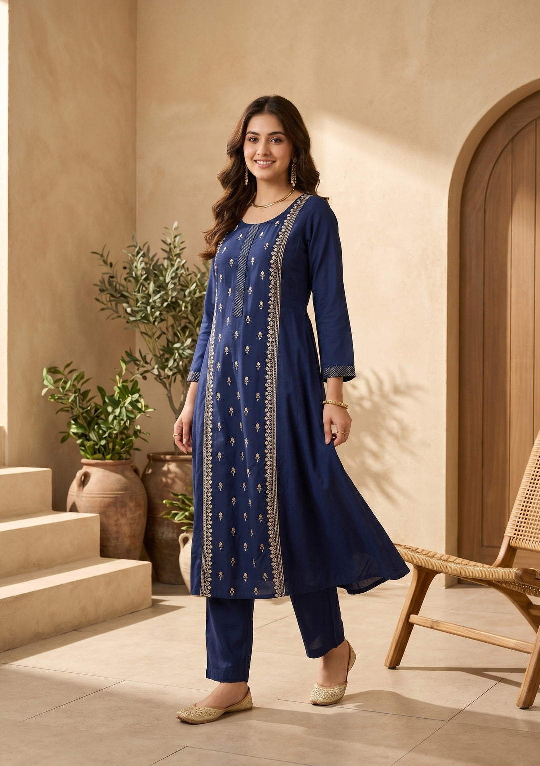 Navy Blue Art Silk Threadwork A Line Kurta With Pant Regular And Dupatta
