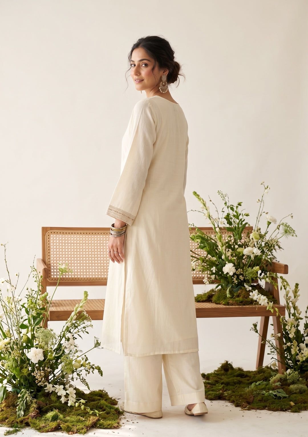 Cream Peach Chanderi Threadwork Straight Kurta With Regular Pant And Dupatta