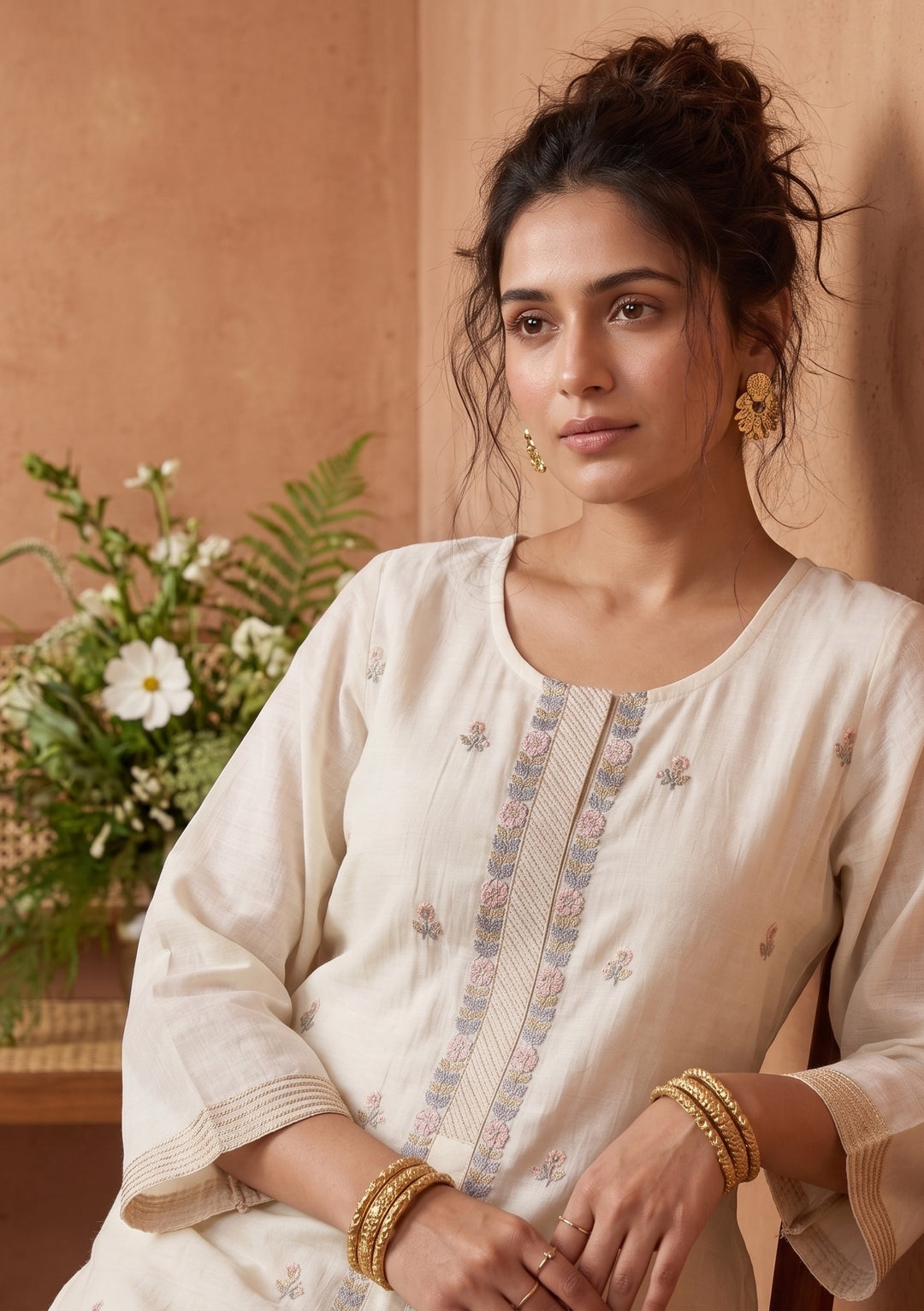 Cream Peach Chanderi Threadwork Straight Kurta With Regular Pant And Dupatta