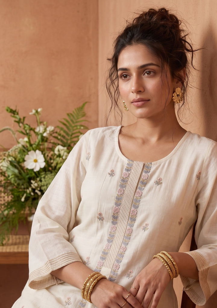 Cream Peach Chanderi Threadwork Straight Kurta With Regular Pant And Dupatta
