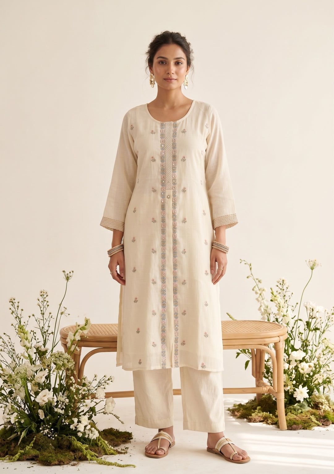 Cream Peach Chanderi Threadwork Straight Kurta With Regular Pant And Dupatta