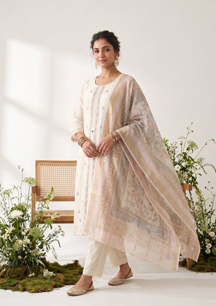 Cream Peach Chanderi Threadwork Straight Kurta With Regular Pant And Dupatta