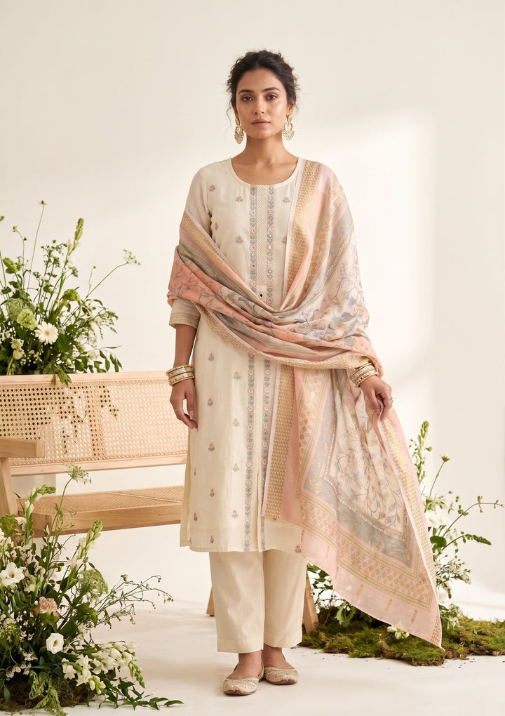 Cream Peach Chanderi Threadwork Straight Kurta With Regular Pant And Dupatta