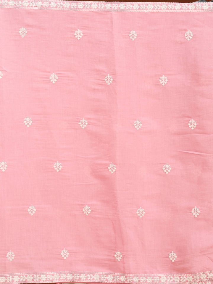 Gajari Pink Chanderi Threadwork Straight Kurta With Pant Regular And Dupatta