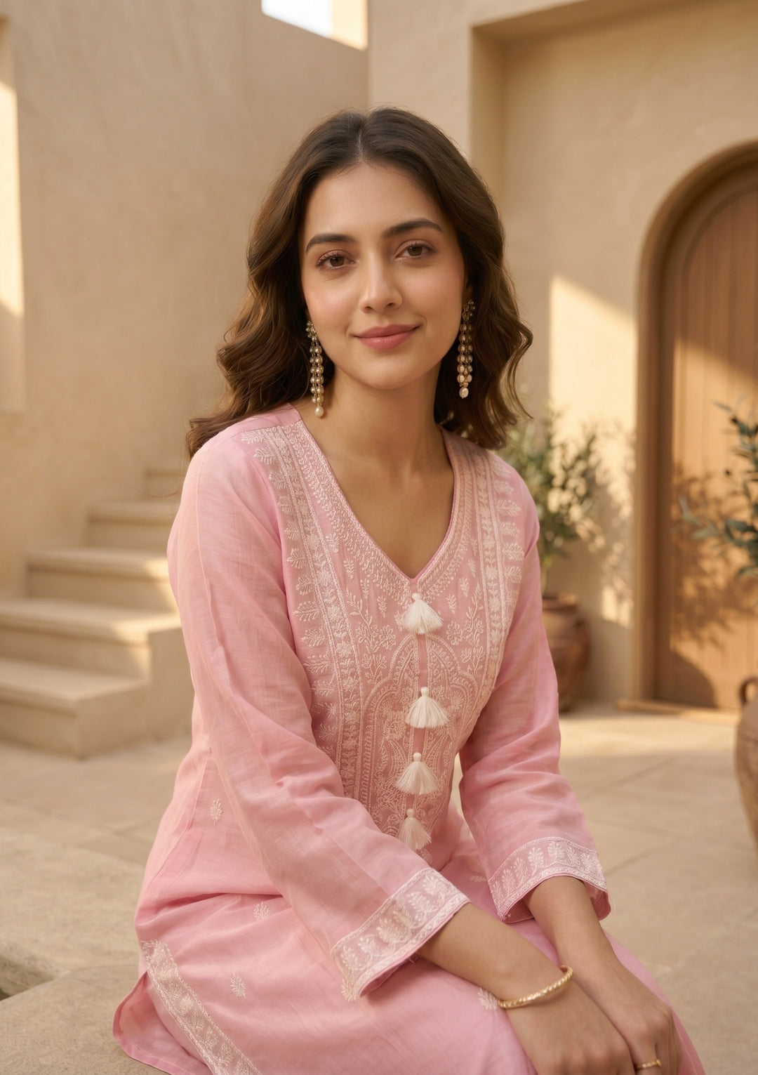 Gajari Pink Chanderi Threadwork Straight Kurta With Pant Regular And Dupatta
