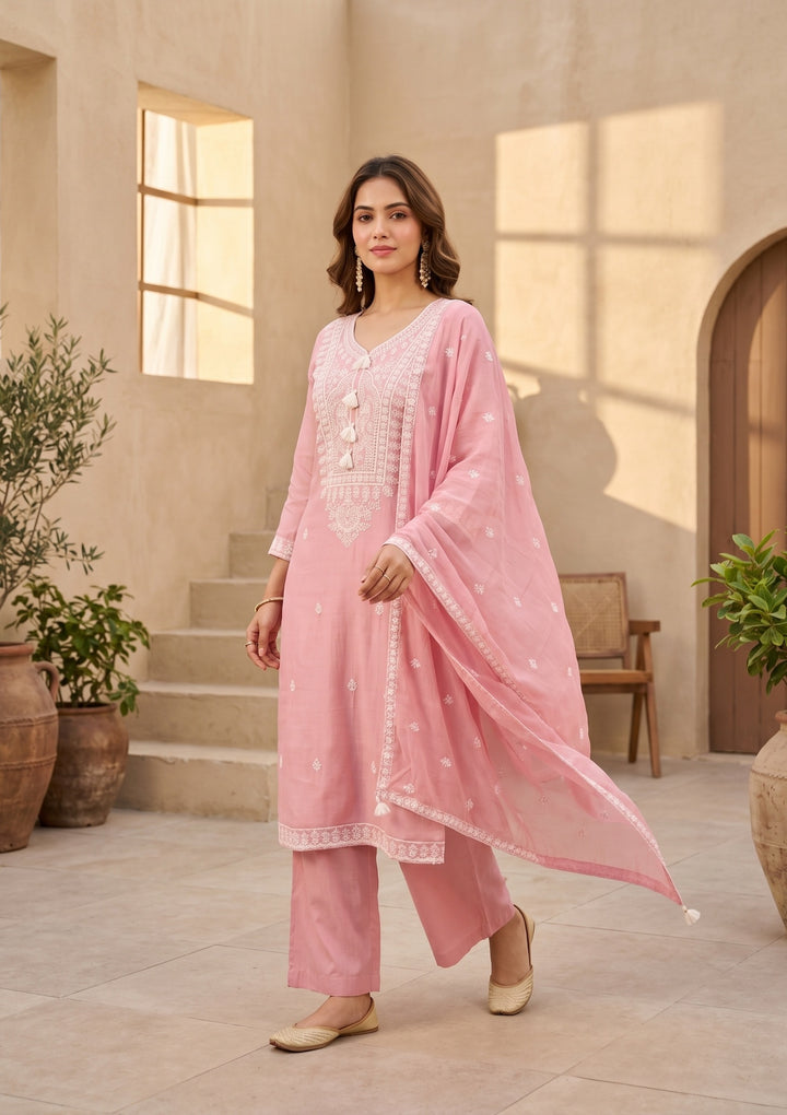 Gajari Pink Chanderi Threadwork Straight Kurta With Pant Regular And Dupatta