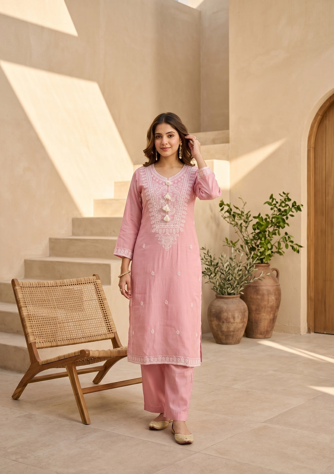 Gajari Pink Chanderi Threadwork Straight Kurta With Pant Regular And Dupatta