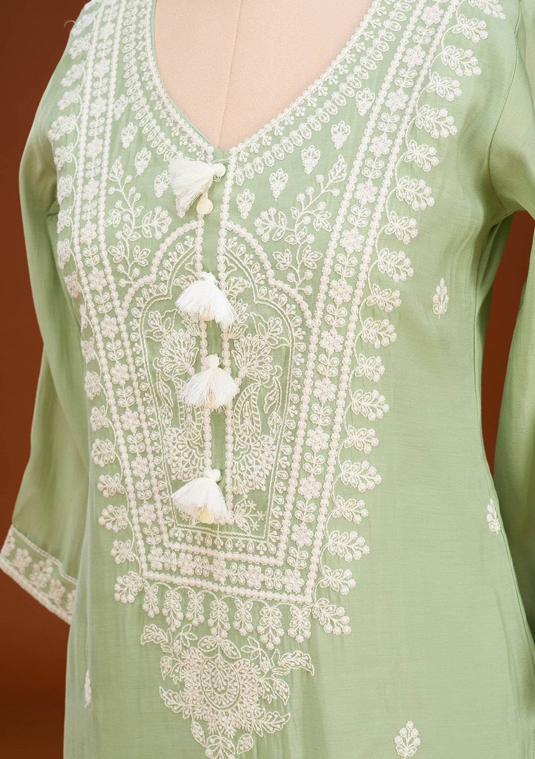 Pista Green Chanderi Threadwork Straight Kurta With Pant Regular And Dupatta