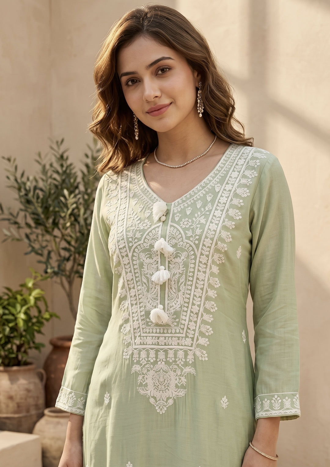 Pista Green Chanderi Threadwork Straight Kurta With Pant Regular And Dupatta