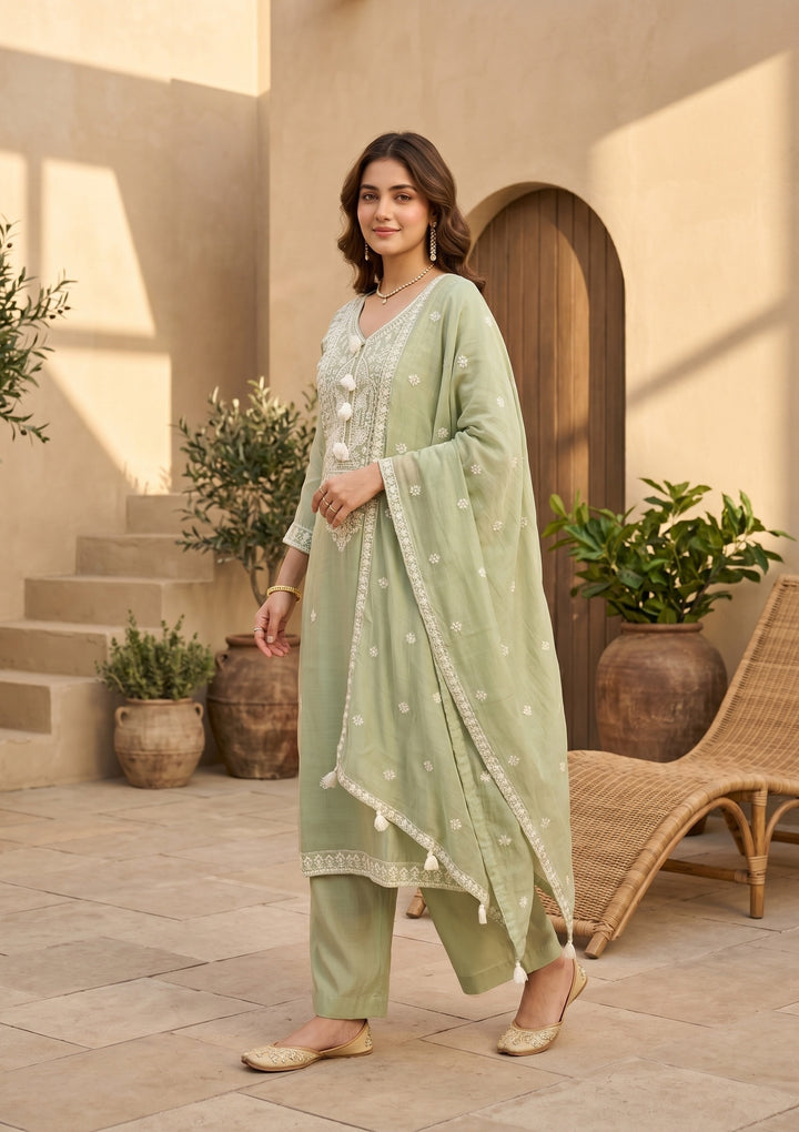 Pista Green Chanderi Threadwork Straight Kurta With Pant Regular And Dupatta