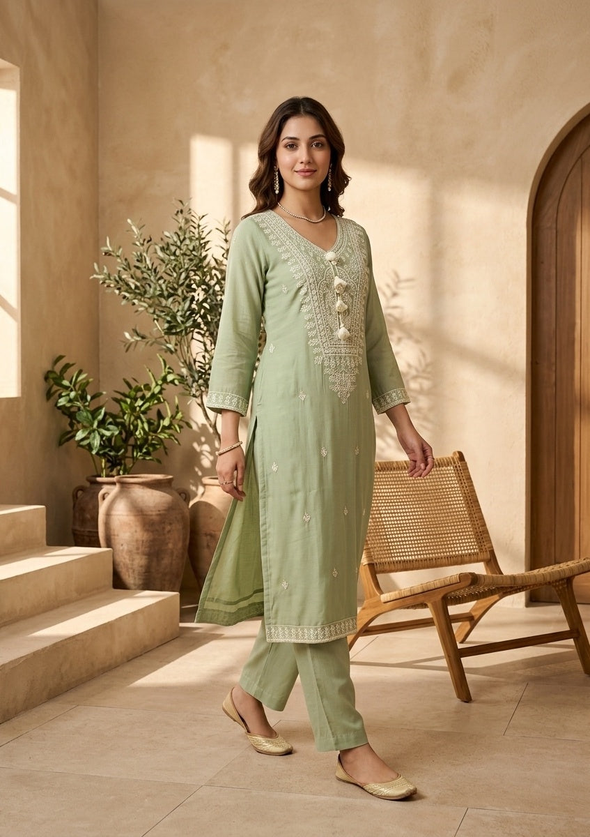 Pista Green Chanderi Threadwork Straight Kurta With Pant Regular And Dupatta
