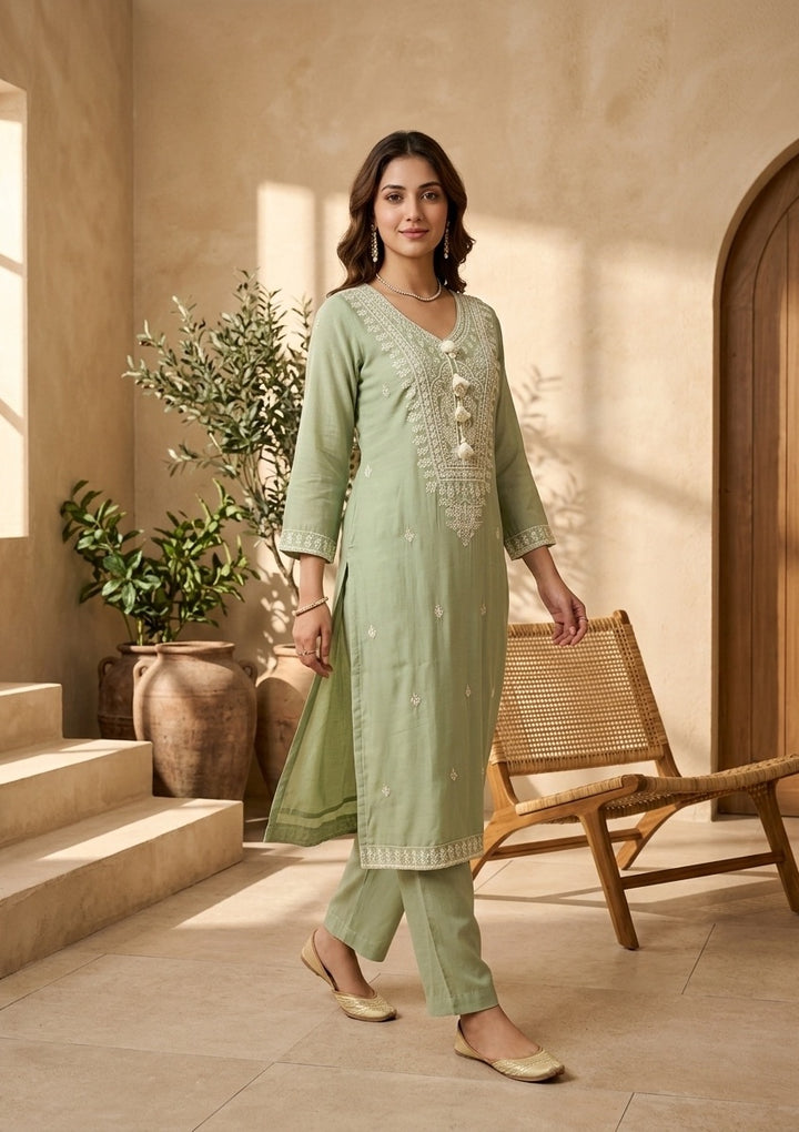 Pista Green Chanderi Threadwork Straight Kurta With Pant Regular And Dupatta