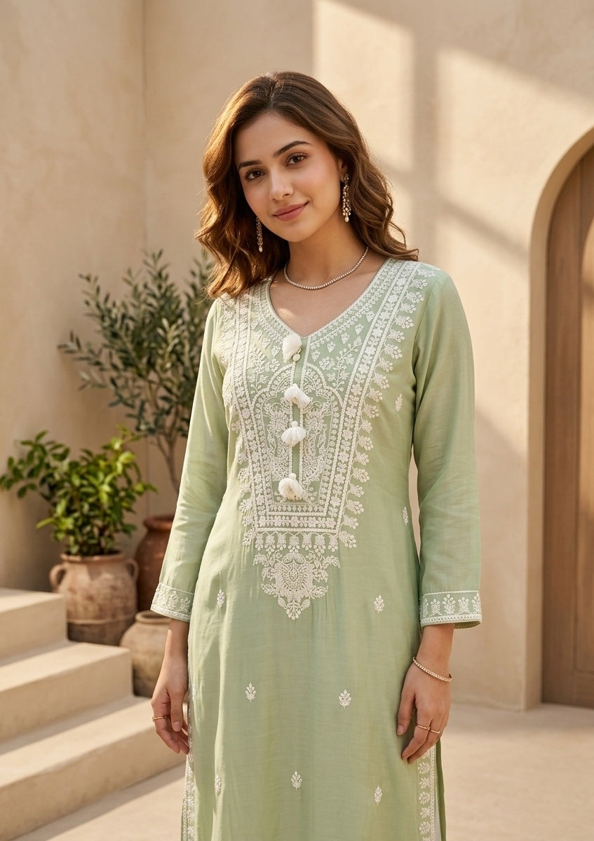 Pista Green Chanderi Threadwork Straight Kurta With Pant Regular And Dupatta