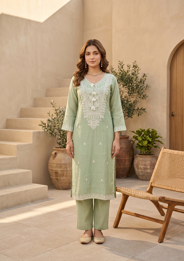 Pista Green Chanderi Threadwork Straight Kurta With Pant Regular And Dupatta