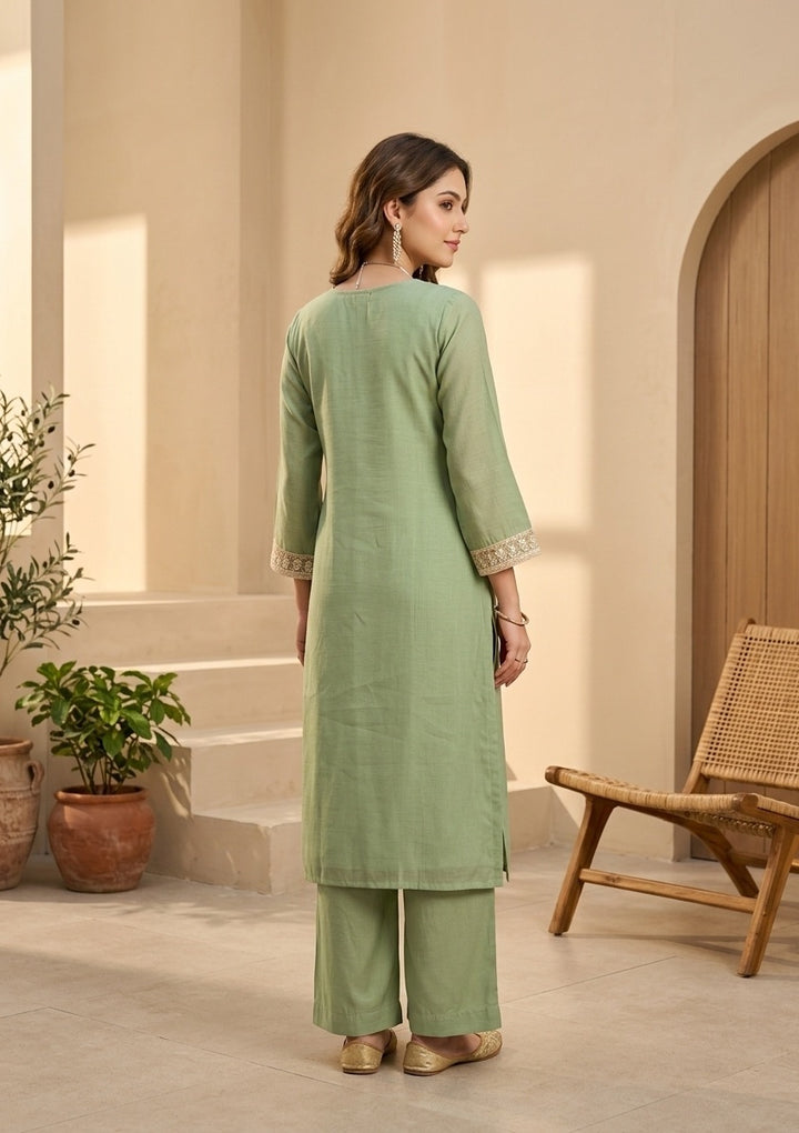 Pista Green Chanderi Threadwork Straight Kurta With Pant Regular And Dupatta
