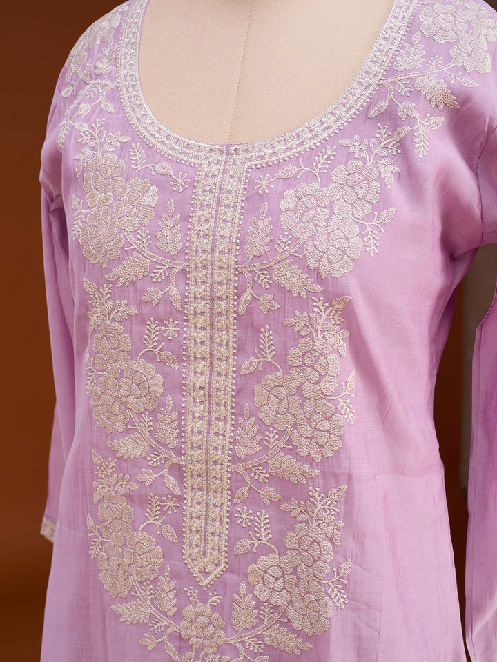 Mauve Chanderi Threadwork Straight Kurta With Pant Regular And Dupatta