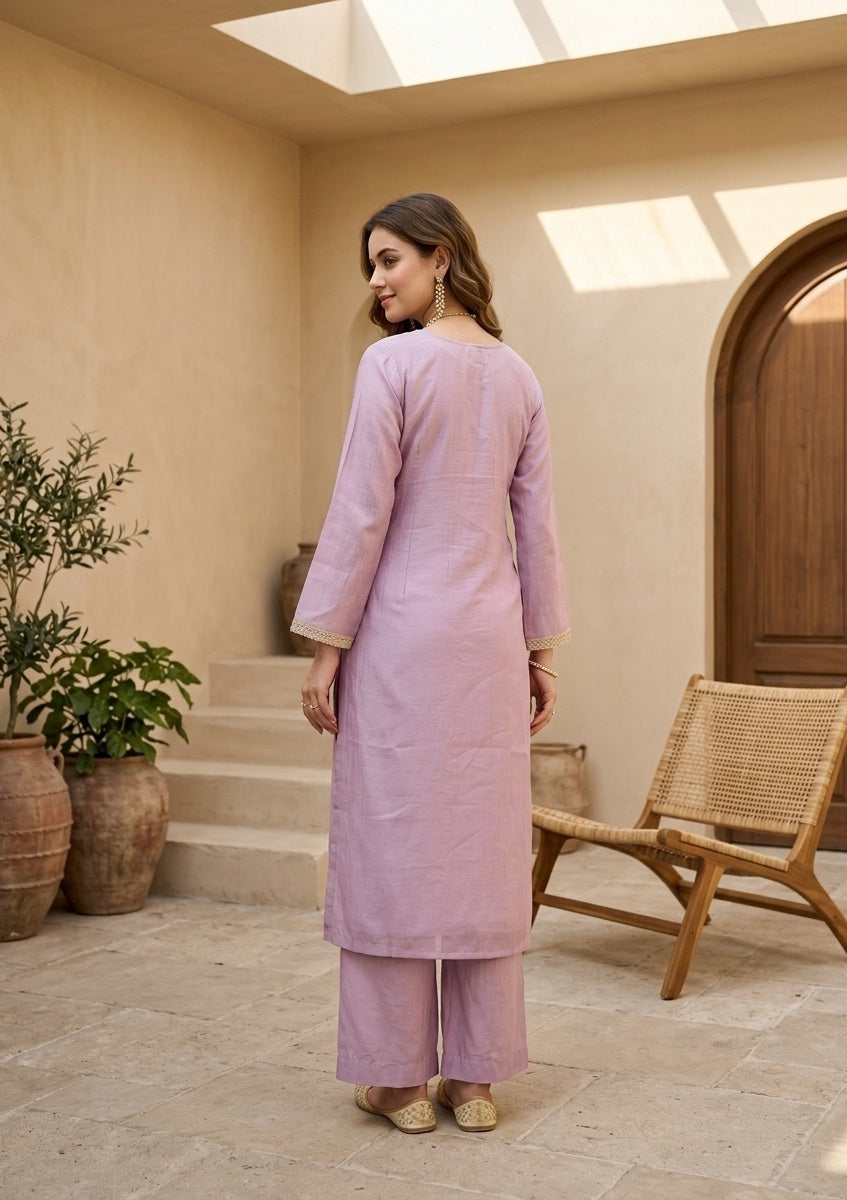 Mauve Chanderi Threadwork Straight Kurta With Pant Regular And Dupatta