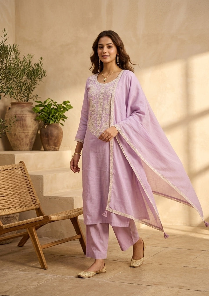 Mauve Chanderi Threadwork Straight Kurta With Pant Regular And Dupatta