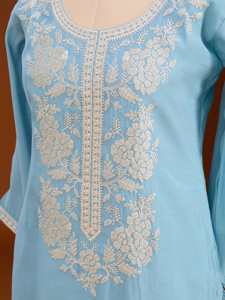Sky Blue Chanderi Threadwork Straight Kurta With Pant Regular And Dupatta