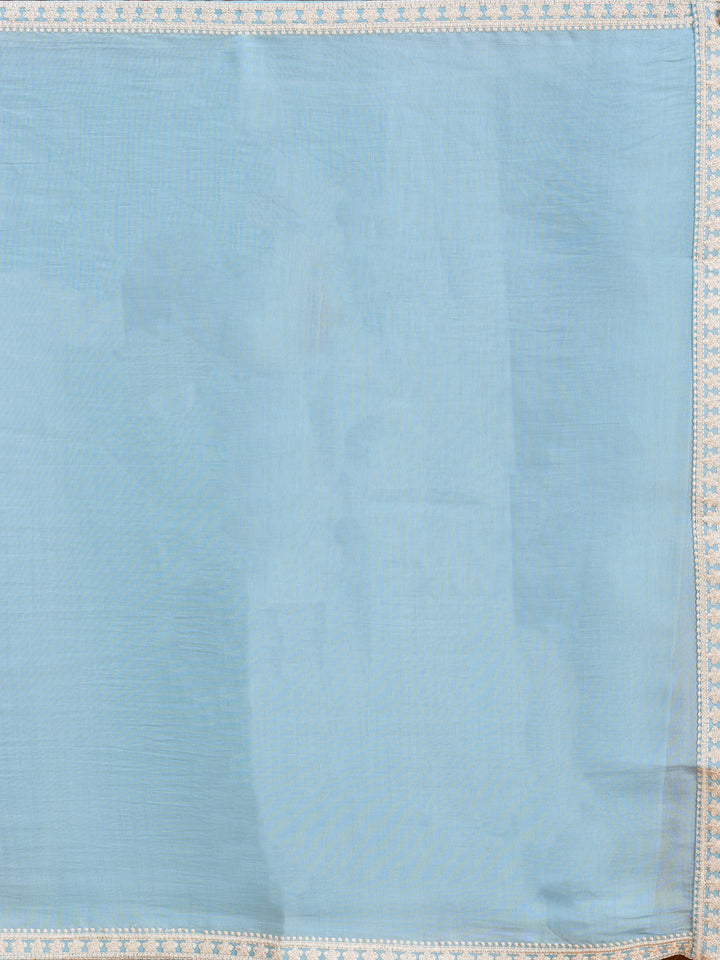Sky Blue Chanderi Threadwork Straight Kurta With Pant Regular And Dupatta
