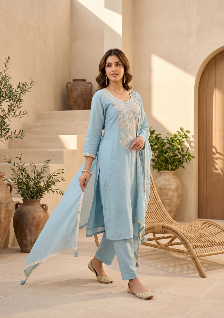 Sky Blue Chanderi Threadwork Straight Kurta With Pant Regular And Dupatta