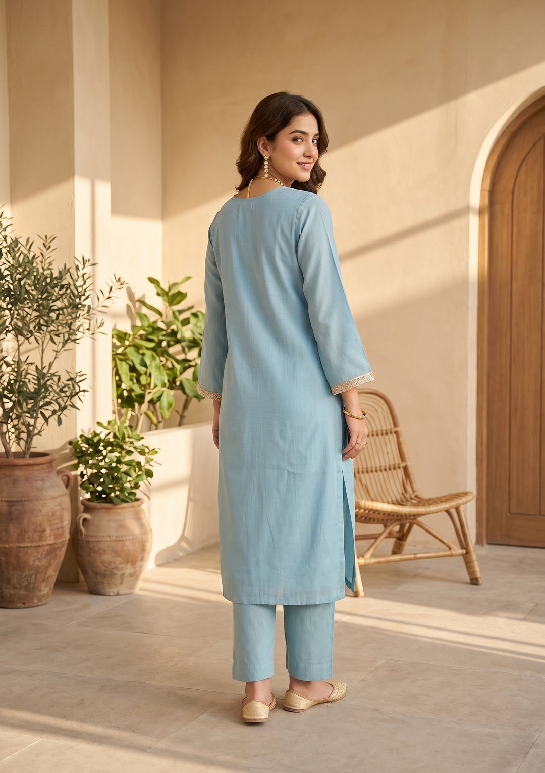 Sky Blue Chanderi Threadwork Straight Kurta With Pant Regular And Dupatta