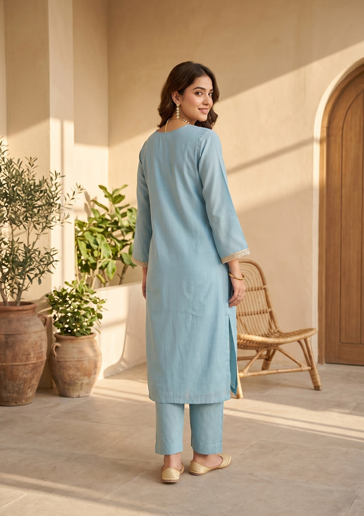 Sky Blue Chanderi Threadwork Straight Kurta With Pant Regular And Dupatta