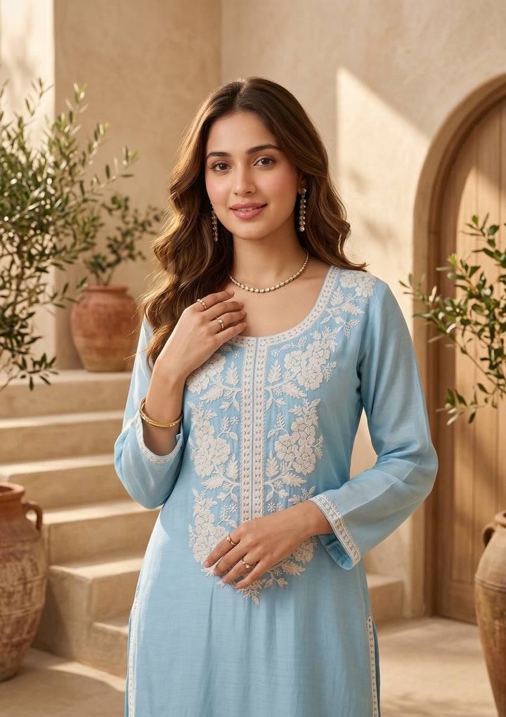 Sky Blue Chanderi Threadwork Straight Kurta With Pant Regular And Dupatta