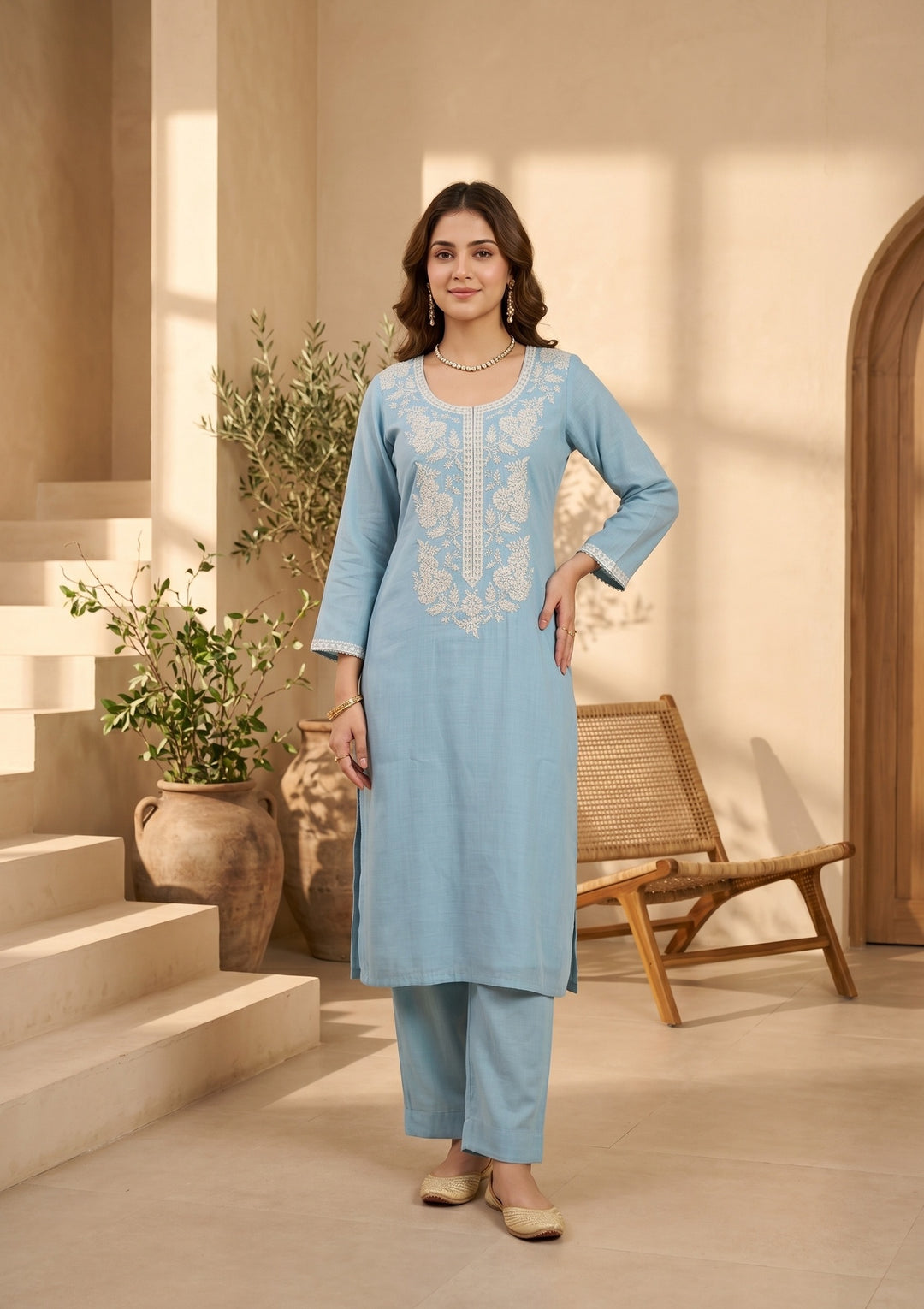 Sky Blue Chanderi Threadwork Straight Kurta With Pant Regular And Dupatta
