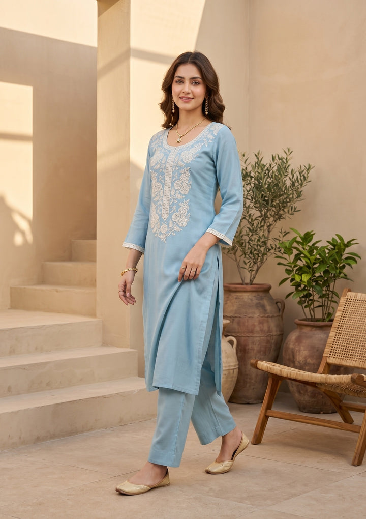 Sky Blue Chanderi Threadwork Straight Kurta With Pant Regular And Dupatta
