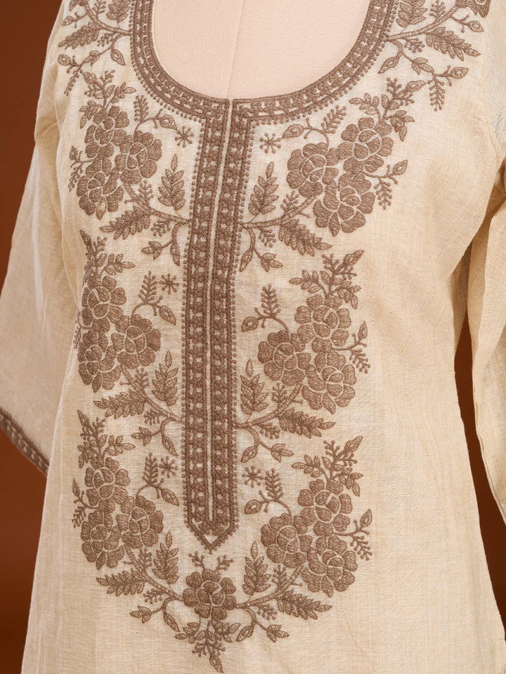 Beige Brown Cotton Threadwork Straight Kurta With Pant Regular And Dupatta
