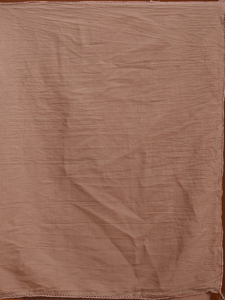 Beige Brown Cotton Threadwork Straight Kurta With Pant Regular And Dupatta