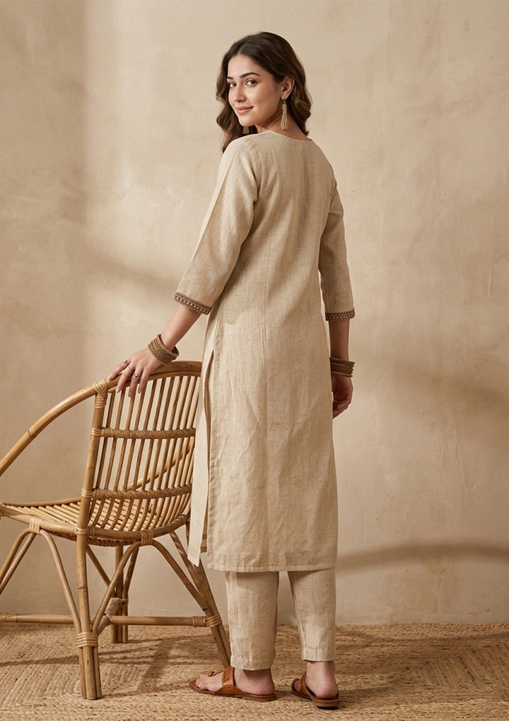 Beige Brown Cotton Threadwork Straight Kurta With Pant Regular And Dupatta