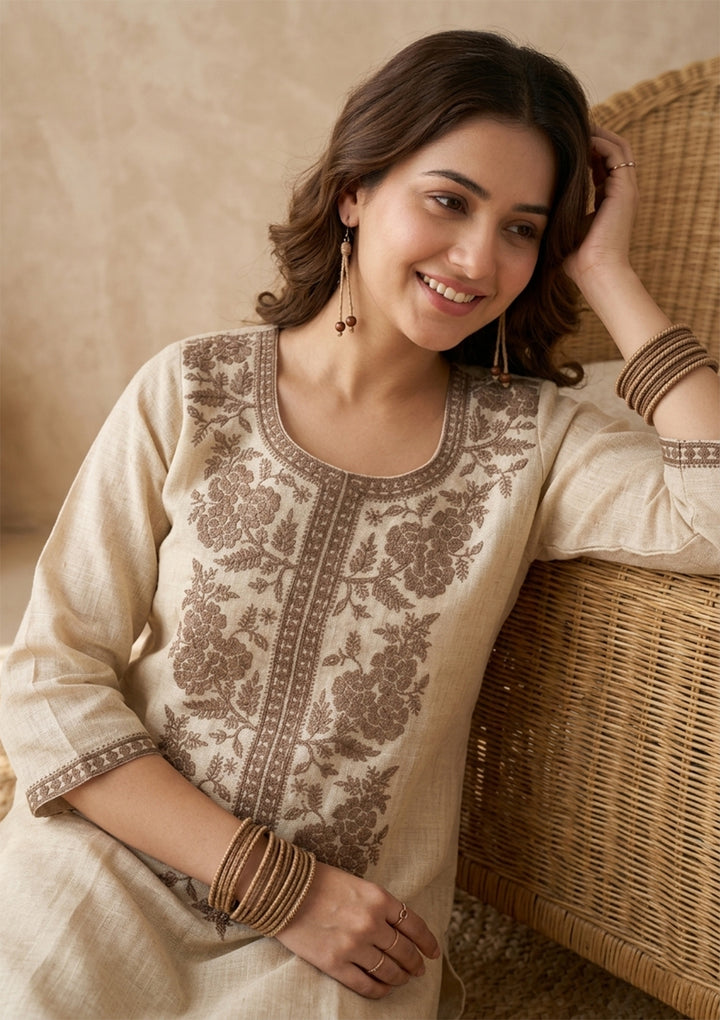 Beige Brown Cotton Threadwork Straight Kurta With Pant Regular And Dupatta
