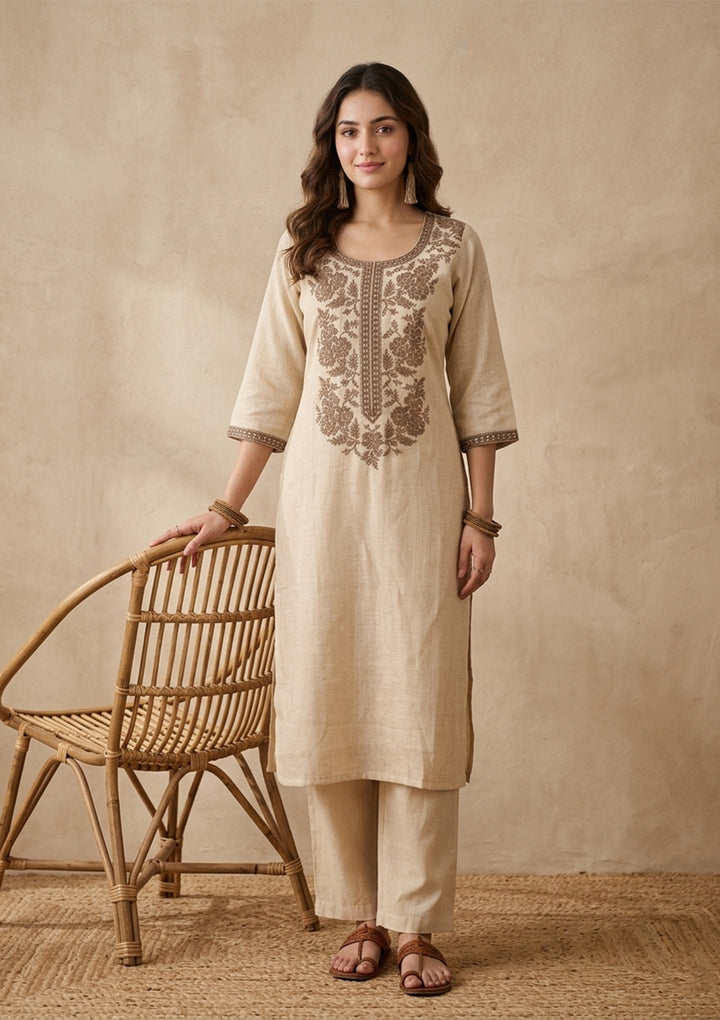 Beige Brown Cotton Threadwork Straight Kurta With Pant Regular And Dupatta