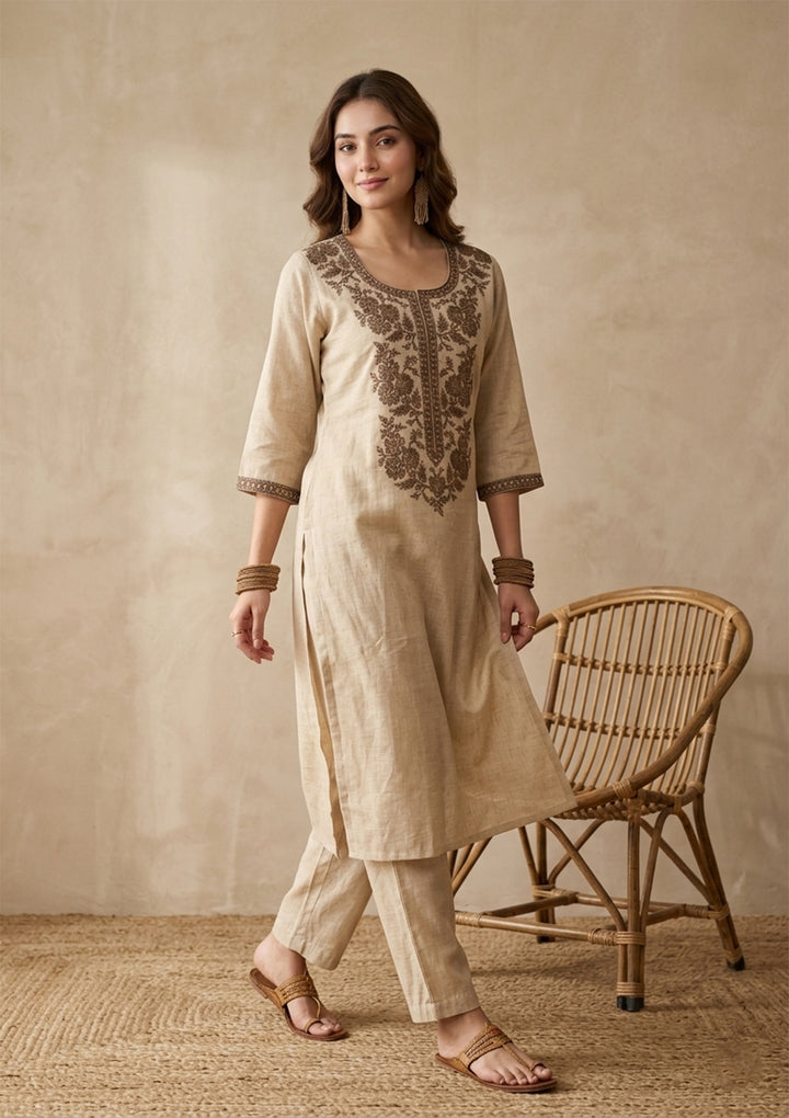 Beige Brown Cotton Threadwork Straight Kurta With Pant Regular And Dupatta