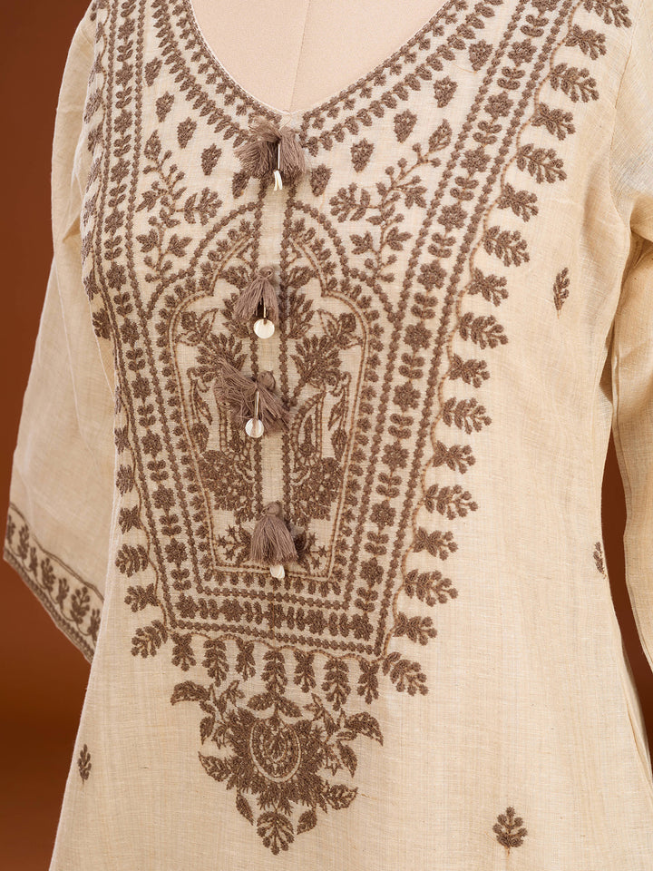 Beige Brown Cotton Threadwork Straight Kurta With Pant Regular And Dupatta