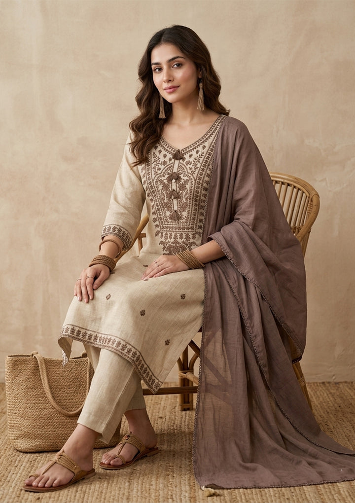 Beige Brown Cotton Threadwork Straight Kurta With Pant Regular And Dupatta