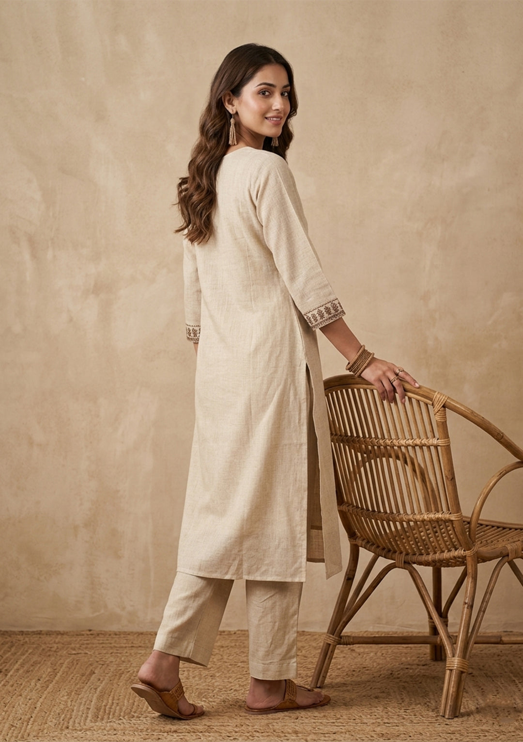 Beige Brown Cotton Threadwork Straight Kurta With Pant Regular And Dupatta